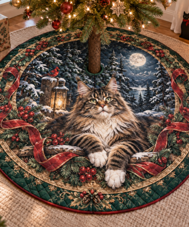 Rustic Quilted Holiday Tree Skirt With Maine Coon Illustration — Thick, Cozy Christmas Decor Built For Family & Pets