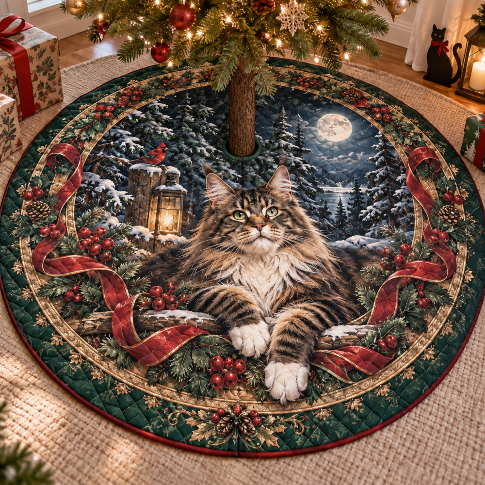 Rustic Quilted Holiday Tree Skirt With Maine Coon Illustration — Thick, Cozy Christmas Decor Built For Family & Pets