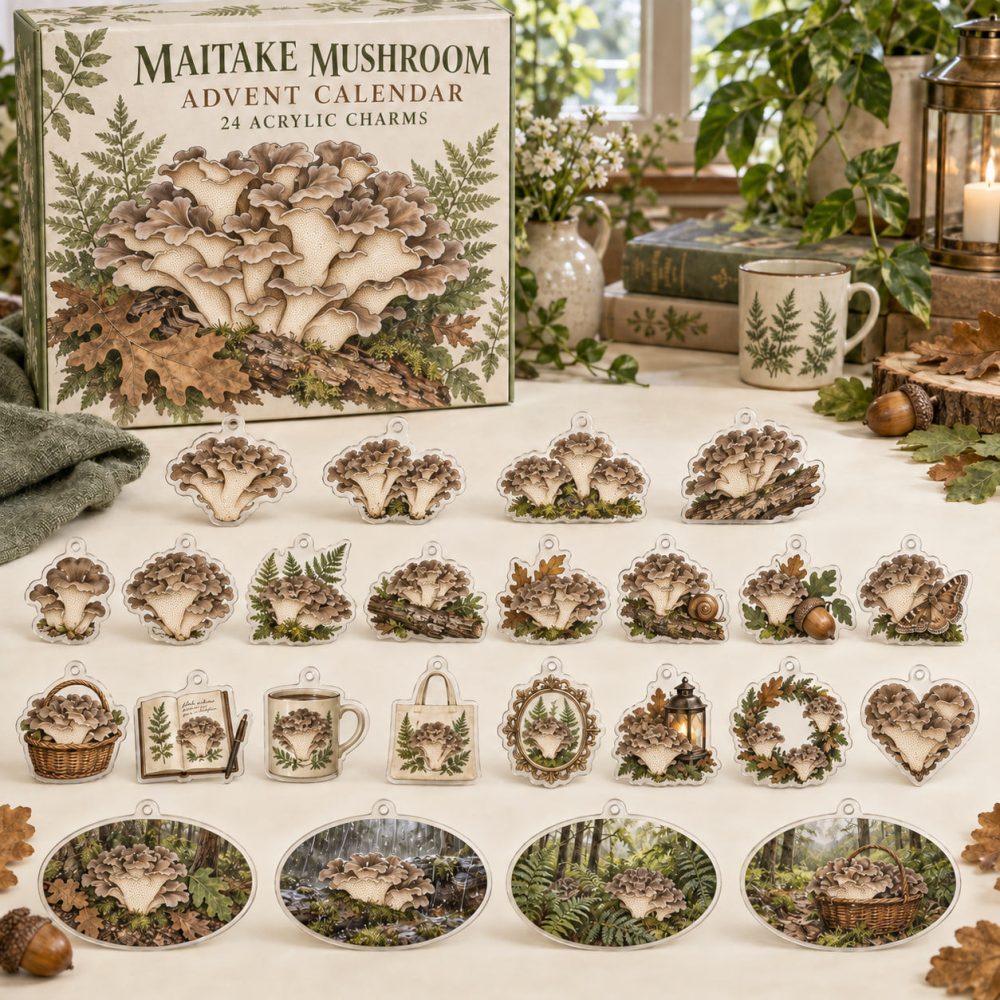 2026 Maitake Mushroom Holiday Calendar — 24 Acrylic Mushroom Charms, Woodland Fungi Ornaments & Gift Countdown