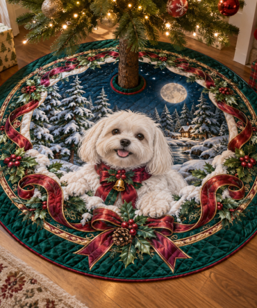 Elegant Maltese Quilted Tree Skirt — Soft Plush Christmas Base For Small Dogs, Refined Stitching, Easy Care & Perfect Pet Gift