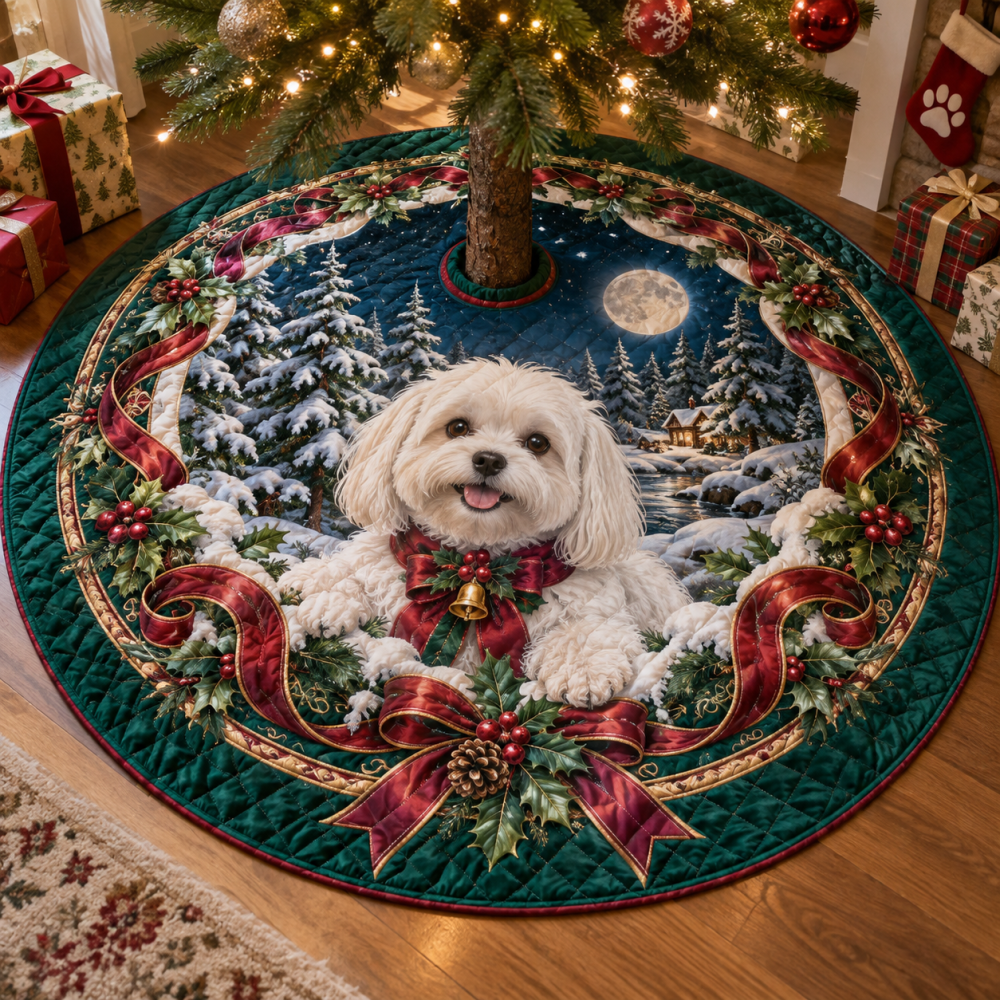 Elegant Maltese Quilted Tree Skirt — Soft Plush Christmas Base For Small Dogs, Refined Stitching, Easy Care & Perfect Pet Gift
