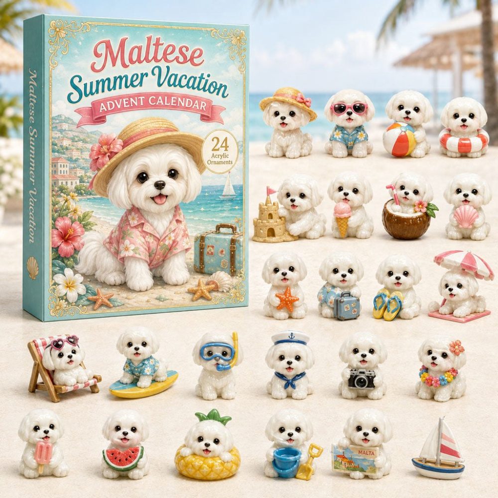 Maltese Summer Vacation 2026 Countdown — 24 Sunny Acrylic Charms Advent Calendar, Beach-Themed Gift For Dog Lovers
