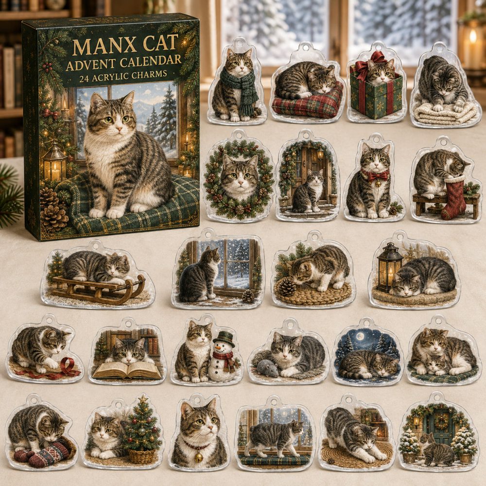 Manx Holiday Advent Calendar With 24 Acrylic Charms — Unique Cat-Lover Gift, Festive Collectible For Manx Fans