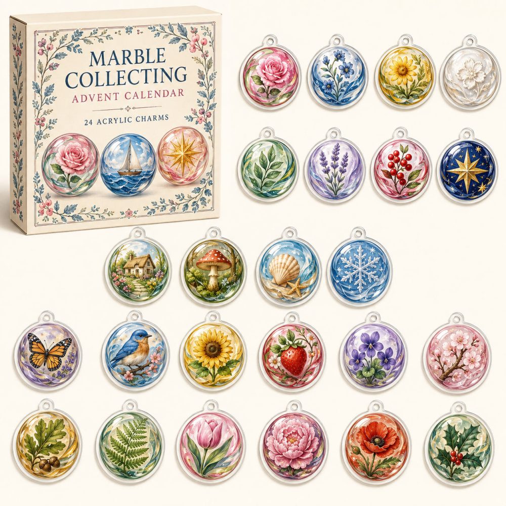 Marble Collector Advent Countdown - 24 Colorful Acrylic Marble Charms, Surprise Box For Hobbyists & Kids , Great Stocking Stuffer