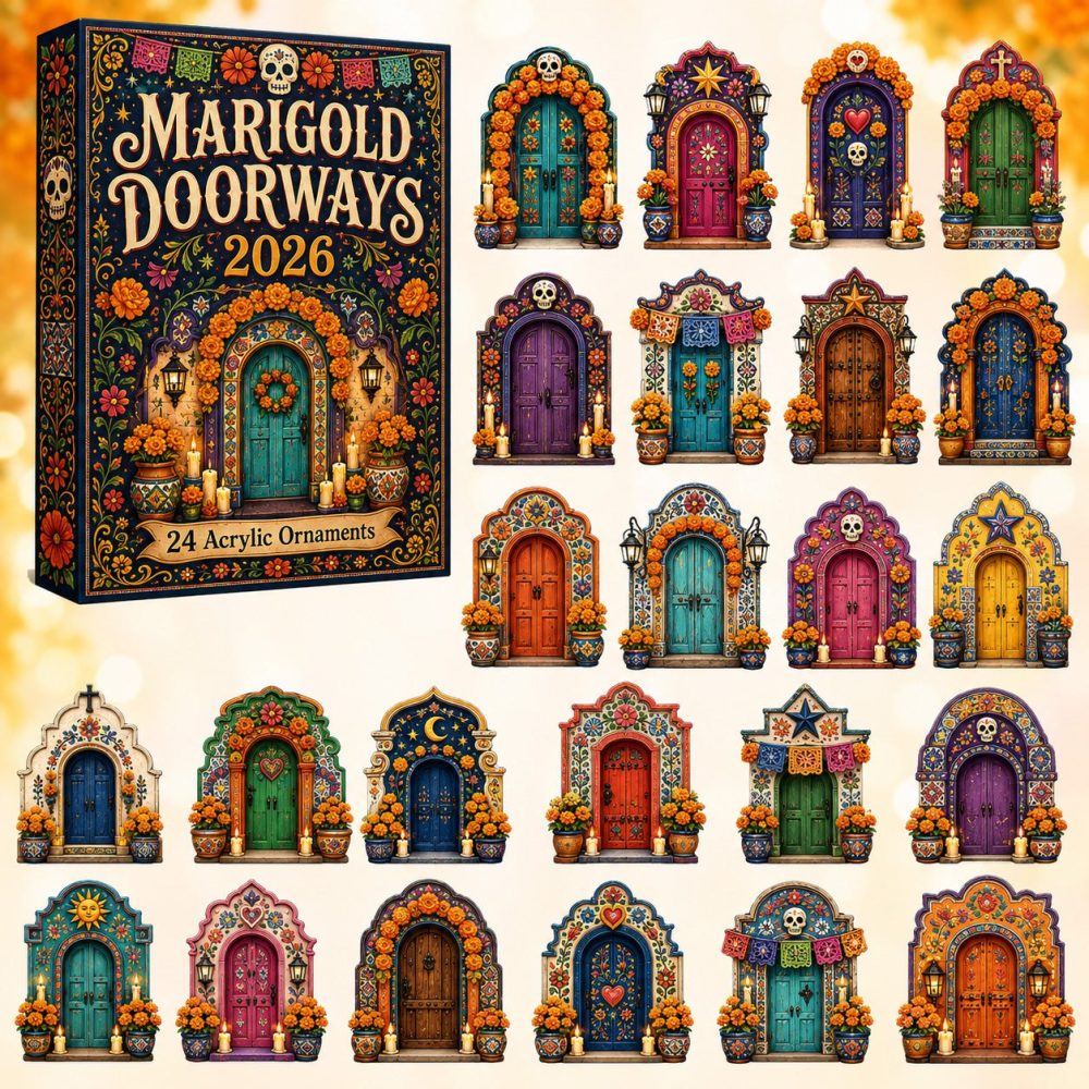 Marigold Doorways Advent Calendar 2026 — 24 Acrylic Charm Countdown With Floral Day-Of-The-Dead Inspired Art & Gifts