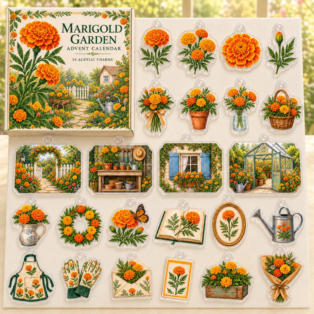 24-Day Marigold Flower Charm Countdown — Acrylic Floral Mini Charms For Gardeners, Gifts & Crafting