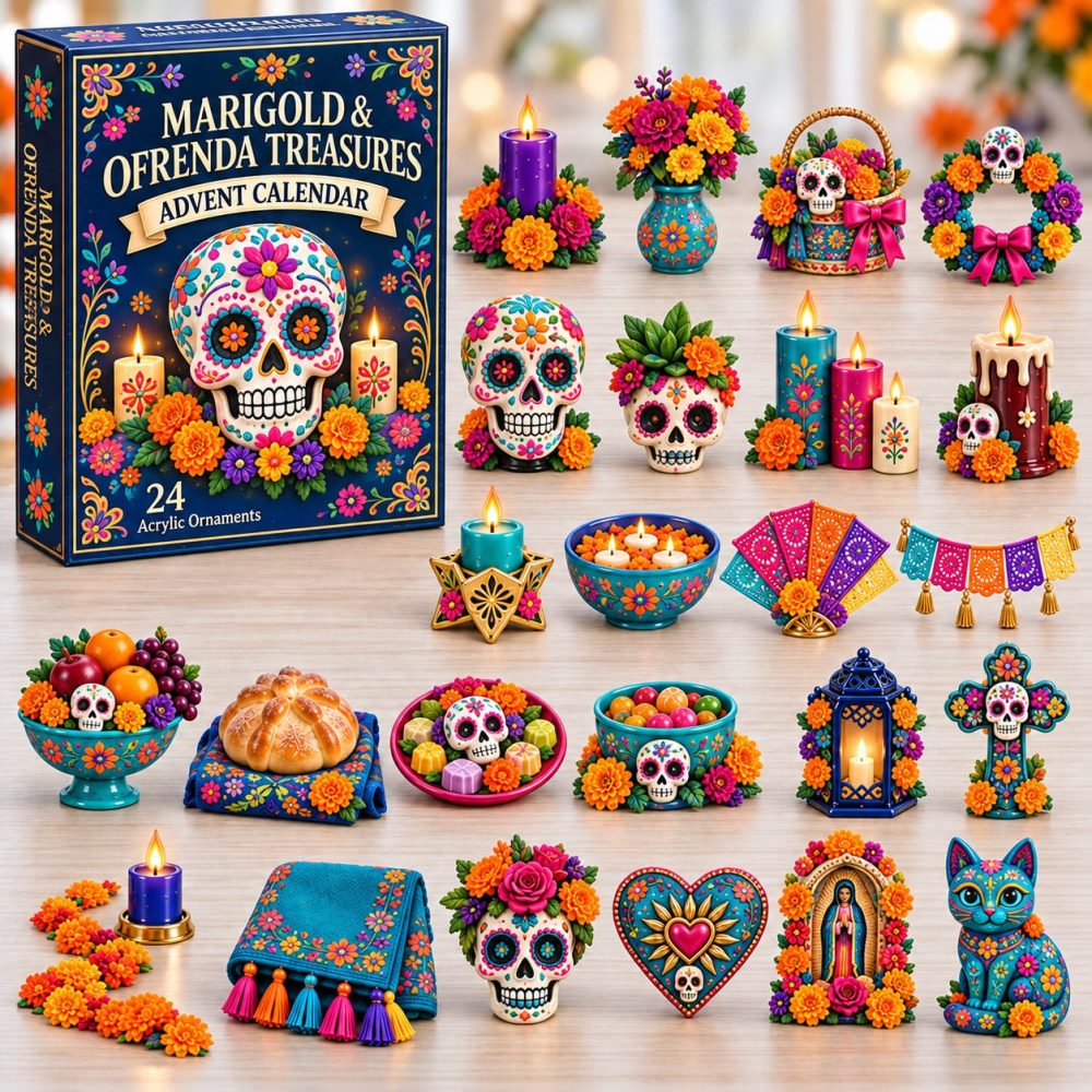 Marigold Ofrenda Treasures 24-Door Memorial Countdown With Acrylic Altar Charms — Day Of The Dead Keepsake Decor & Gift Set