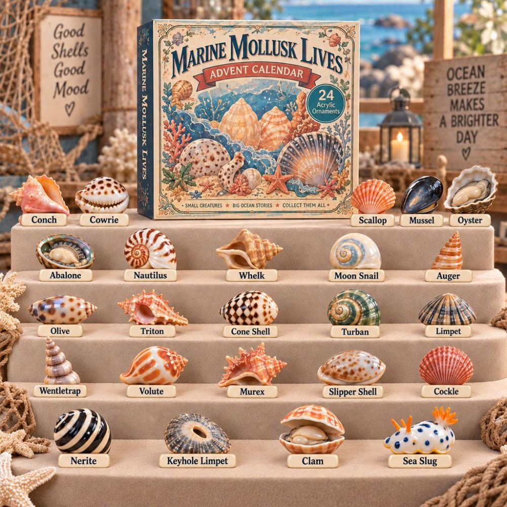 Ocean Mollusk Advent Countdown Calendar 2026 — 24-Day Shell & Sea Creature Acrylic Charm Set, Collectible Holiday Gift For Shell Lovers