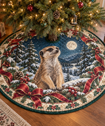 Playful Quilted Meerkat Holiday Tree Skirt — Meerkat Print Christmas Tree Skirt, Soft Patchwork, Machine-Washable Accent For Family Rooms
