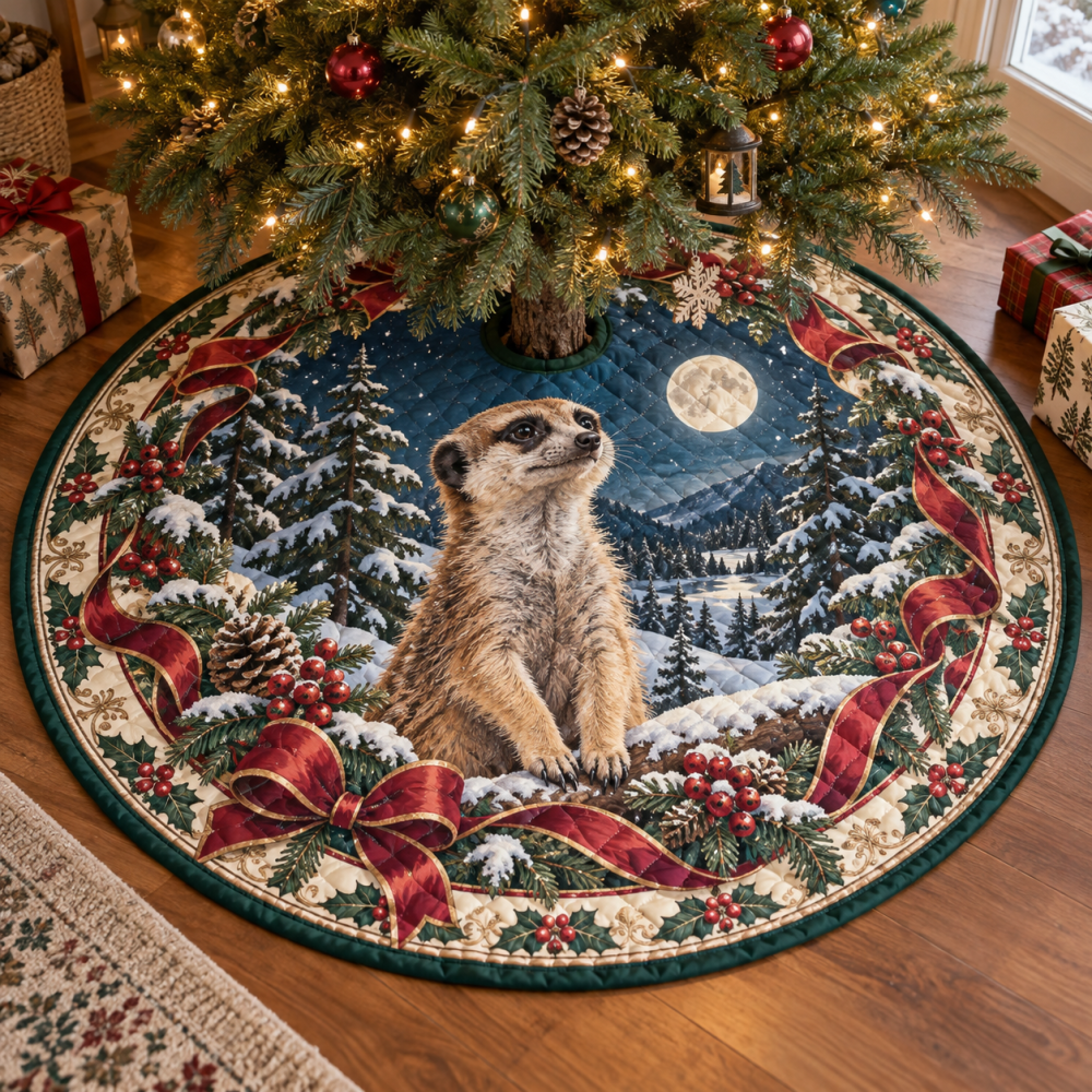 Playful Quilted Meerkat Holiday Tree Skirt — Meerkat Print Christmas Tree Skirt, Soft Patchwork, Machine-Washable Accent For Family Rooms