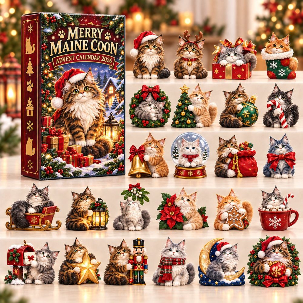 2026 24-Day Acrylic Maine Coon Charm Countdown Calendar — Holiday Cat Lover Gift Set With Reusable Display & Collector Charms