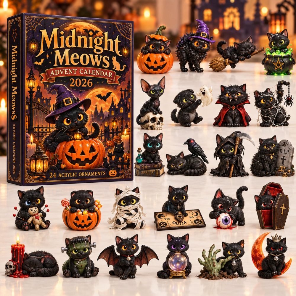 Midnight Meows Cat-Themed 24-Door Countdown With Acrylic Cat Charms — Cute Holiday Cat Calendar, Gift For Cat Lovers & Kids