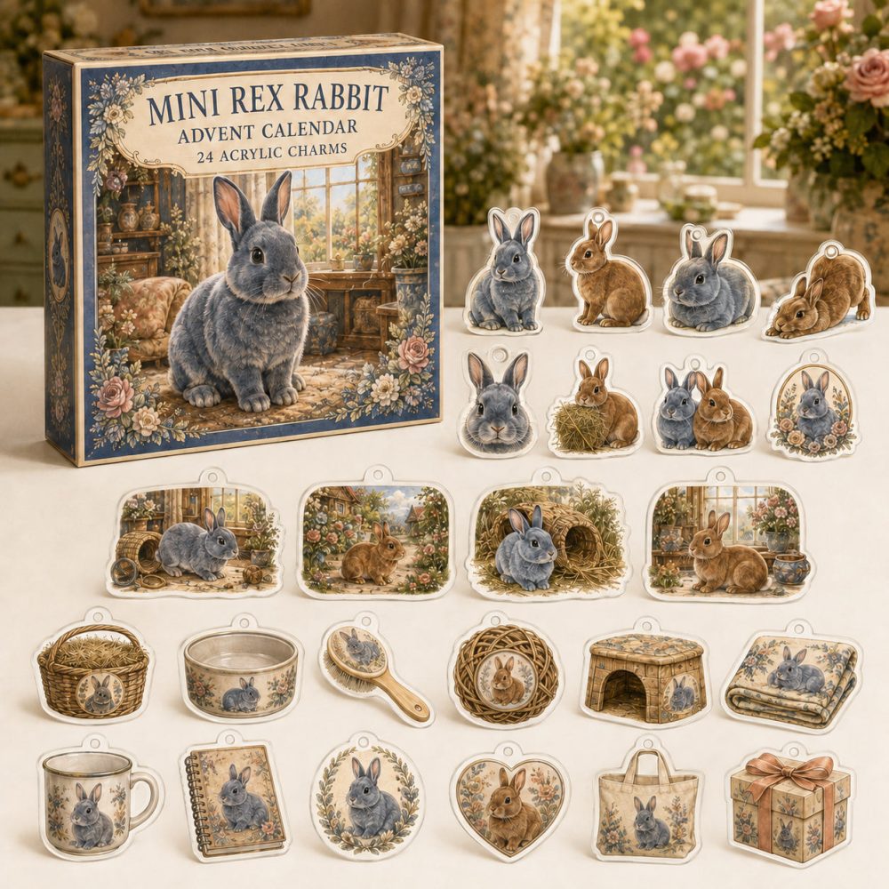 Mini Rex Rabbit Holiday Countdown — 24 Detailed Acrylic Charms Celebrating Mini Rex Bunnies, Ideal Gift For Rabbit Lovers & Collectors