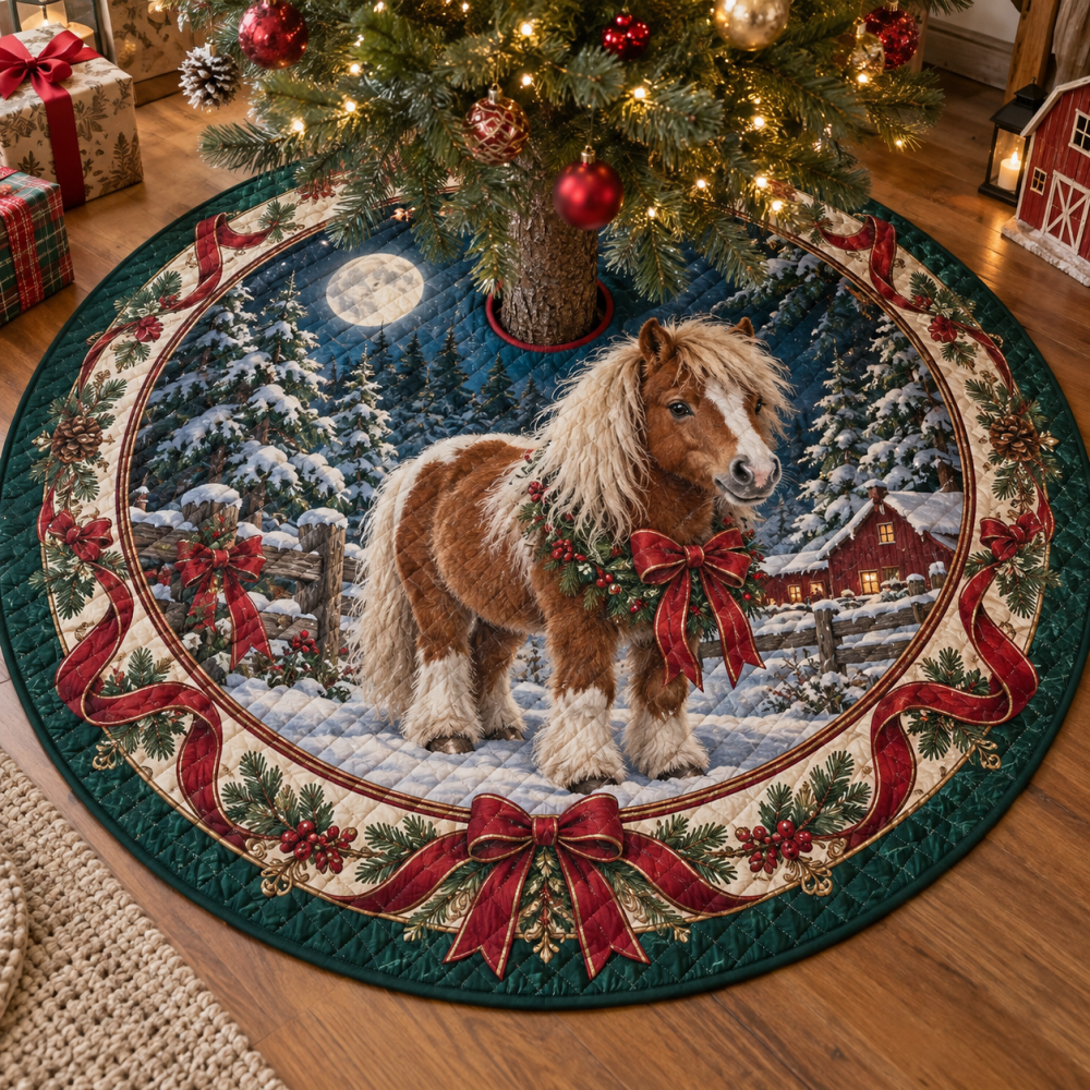 Miniature Pony Quilted Holiday Tree Skirt — Reversible Plush Mat, Durable & Machine-Washable, Adorable Pony-Themed Christmas Décor