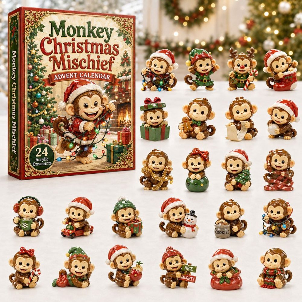Festive Monkey Christmas Mischief 2026 Countdown — 24 Holiday Acrylic Charms Advent Calendar, Cheerful Stocking Stuffer