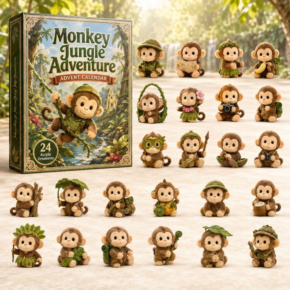 Jungle Monkey Adventure 2026 Countdown — 24 Explorer-Themed Acrylic Charms Advent Calendar, Kids’ Nature Gift Set