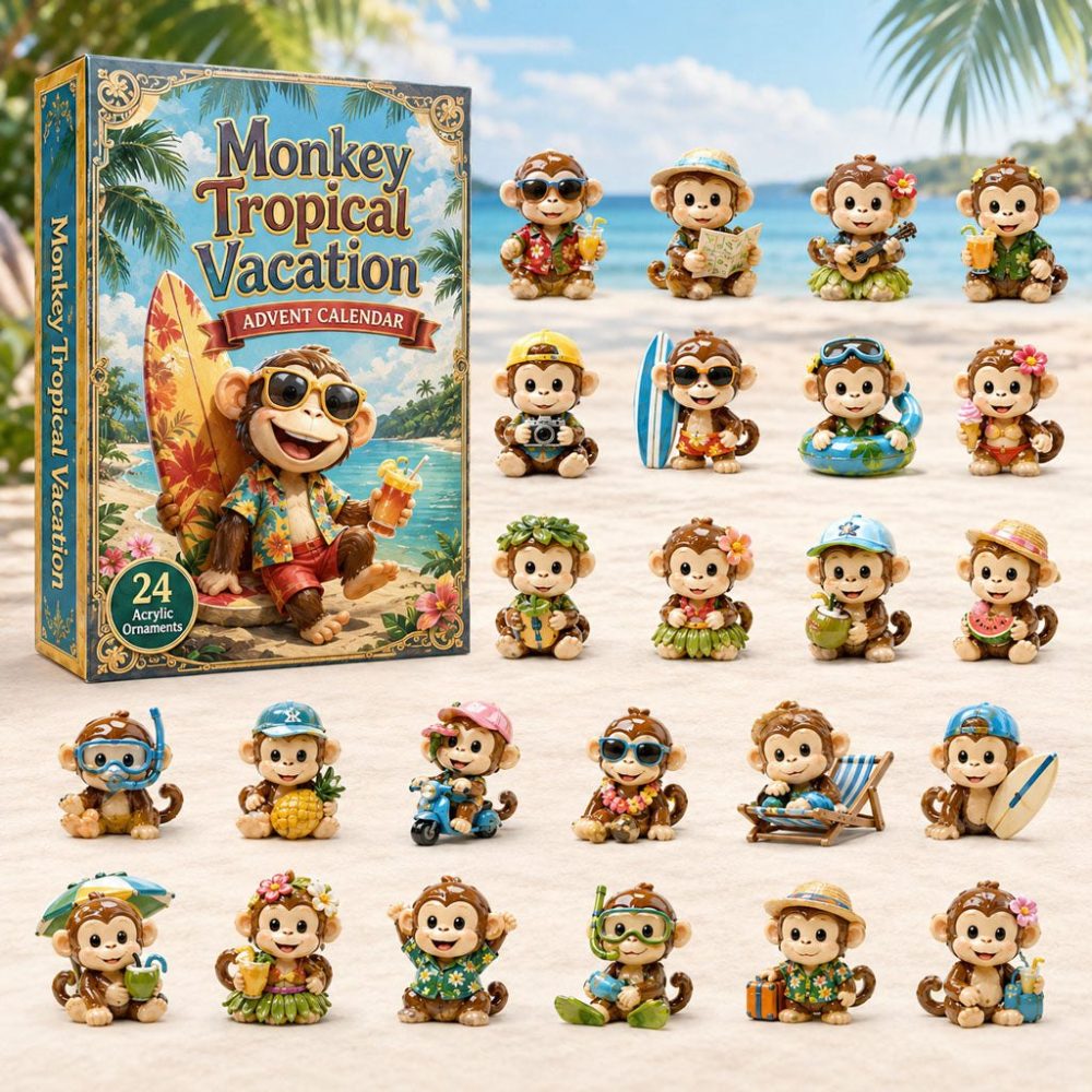 Tropical Monkey Vacation 2026 Countdown — 24 Beachy Acrylic Charms Advent Calendar, Fun Summer-Themed Holiday Gift
