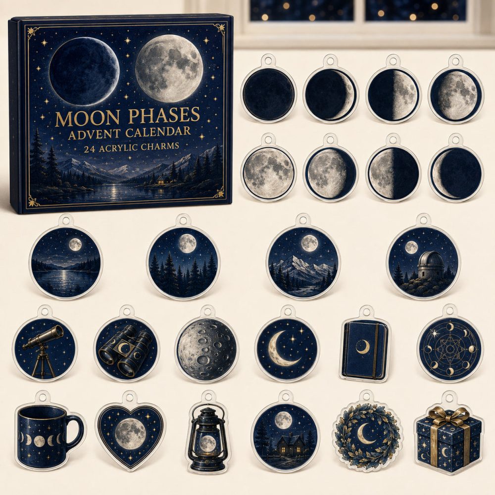 Moon Phases Countdown Collection — 24 Acrylic Lunar Charms, Celestial Advent Gift For Astronomy Fans & Moon Lovers