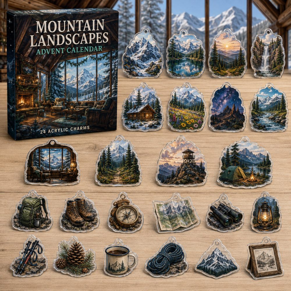 24-Day Mountain Landscapes Charm Countdown — Acrylic Peaks, Trails & Cabin Mini Charms For Hikers, Outdoor Gift Set