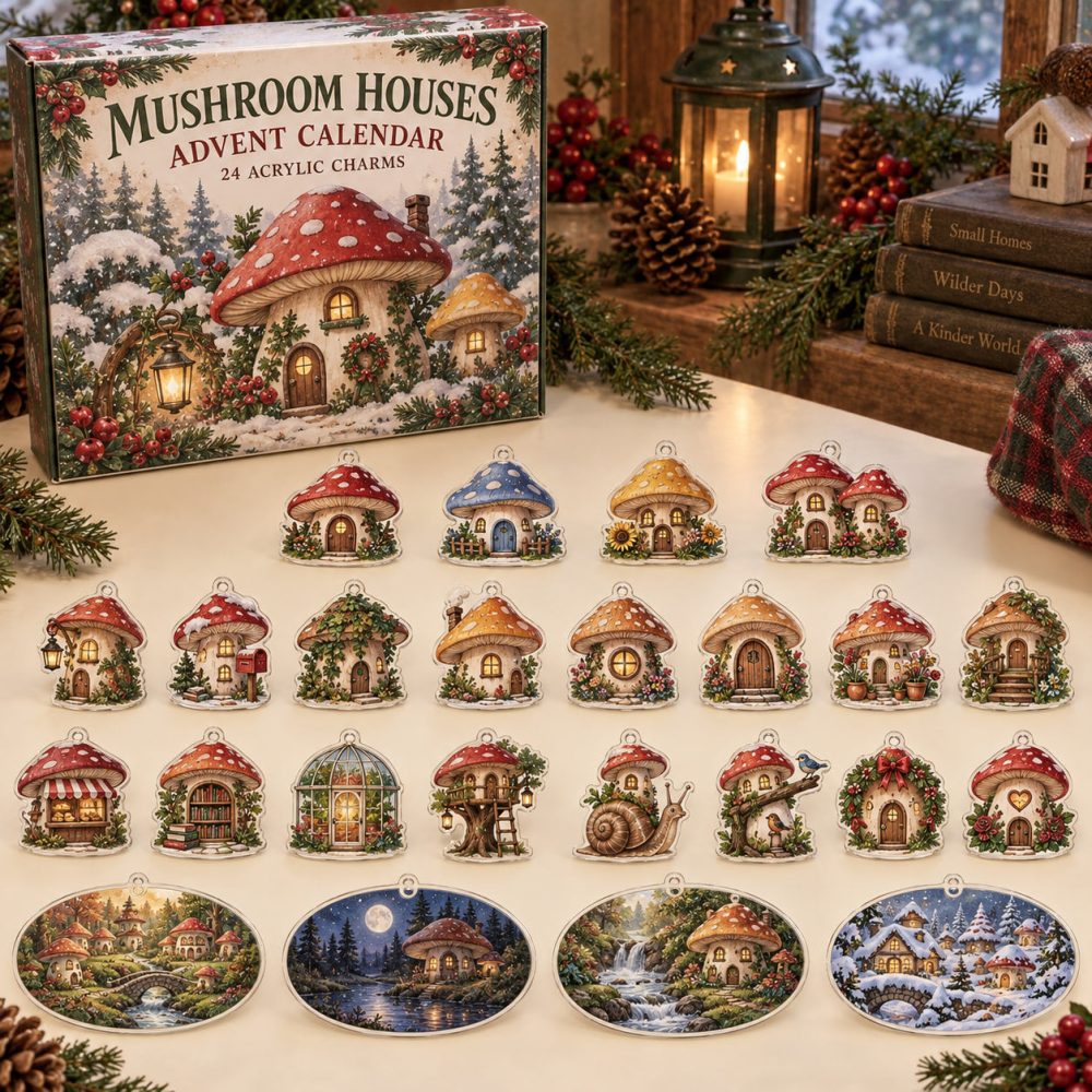 Adorable 24-Day Mushroom Houses Charm Countdown — 24 Acrylic Mini House Ornaments For Fairy Gardens, Holiday Decor & Crafting Gifts