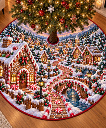 3D Gingerbread Village Holiday Tree Skirt — Whimsical Dimensional Christmas Skirt With Cozy Gingerbread House Scene For Festive Family Decor