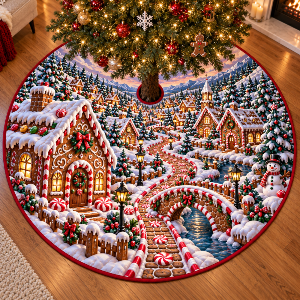 3D Gingerbread Village Holiday Tree Skirt — Whimsical Dimensional Christmas Skirt With Cozy Gingerbread House Scene For Festive Family Decor