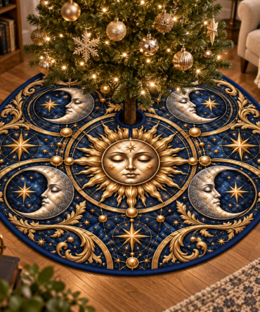 Celestial Sun & Moon Holiday Tree Skirt — Classic Cosmic Velvet Christmas Skirt With Timeless Sun And Moon Embroidery For Elegant Decor