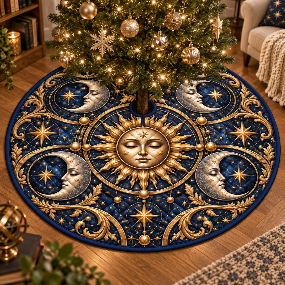 Celestial Sun & Moon Holiday Tree Skirt — Classic Cosmic Velvet Christmas Skirt With Timeless Sun And Moon Embroidery For Elegant Decor