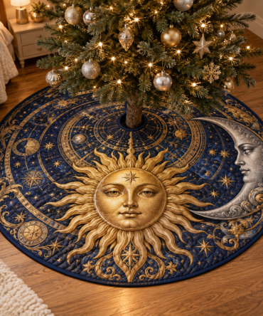 Sun & Moon Bedroom Holiday Tree Skirt — Cozy Celestial Velvet Skirt Designed For Intimate, Bedroom And Small-Space Christmas Displays