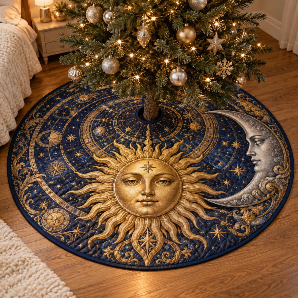 Sun & Moon Bedroom Holiday Tree Skirt — Cozy Celestial Velvet Skirt Designed For Intimate, Bedroom And Small-Space Christmas Displays