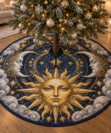 Silver Clouds Sun & Moon Holiday Tree Skirt — Ethereal Metallic-Accented Velvet Skirt For Sparkling, Dreamlike Seasonal Decor