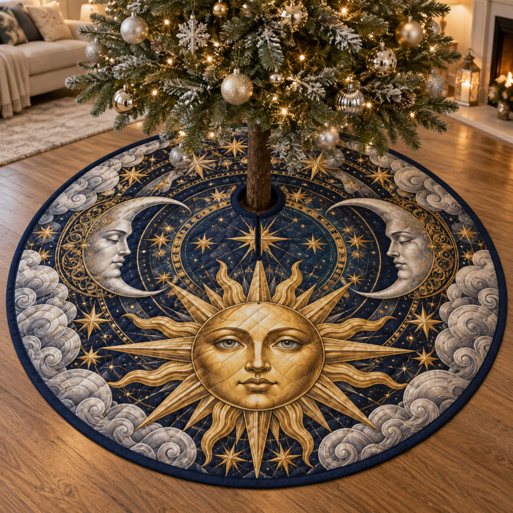 Silver Clouds Sun & Moon Holiday Tree Skirt — Ethereal Metallic-Accented Velvet Skirt For Sparkling, Dreamlike Seasonal Decor