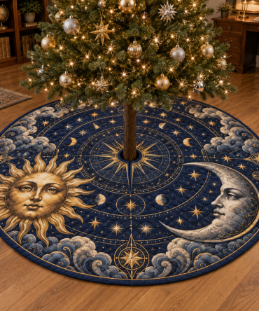Sun, Moon & Compass Holiday Tree Skirt — Nautical-Celestial Velvet Skirt With Compass Motif For Adventurous, Coastal Holiday Decor