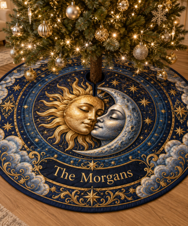 Customizable Sun & Moon Holiday Tree Skirt — Personalized Celestial Velvet Christmas Skirt With Monogram Option For Memorable Gifts