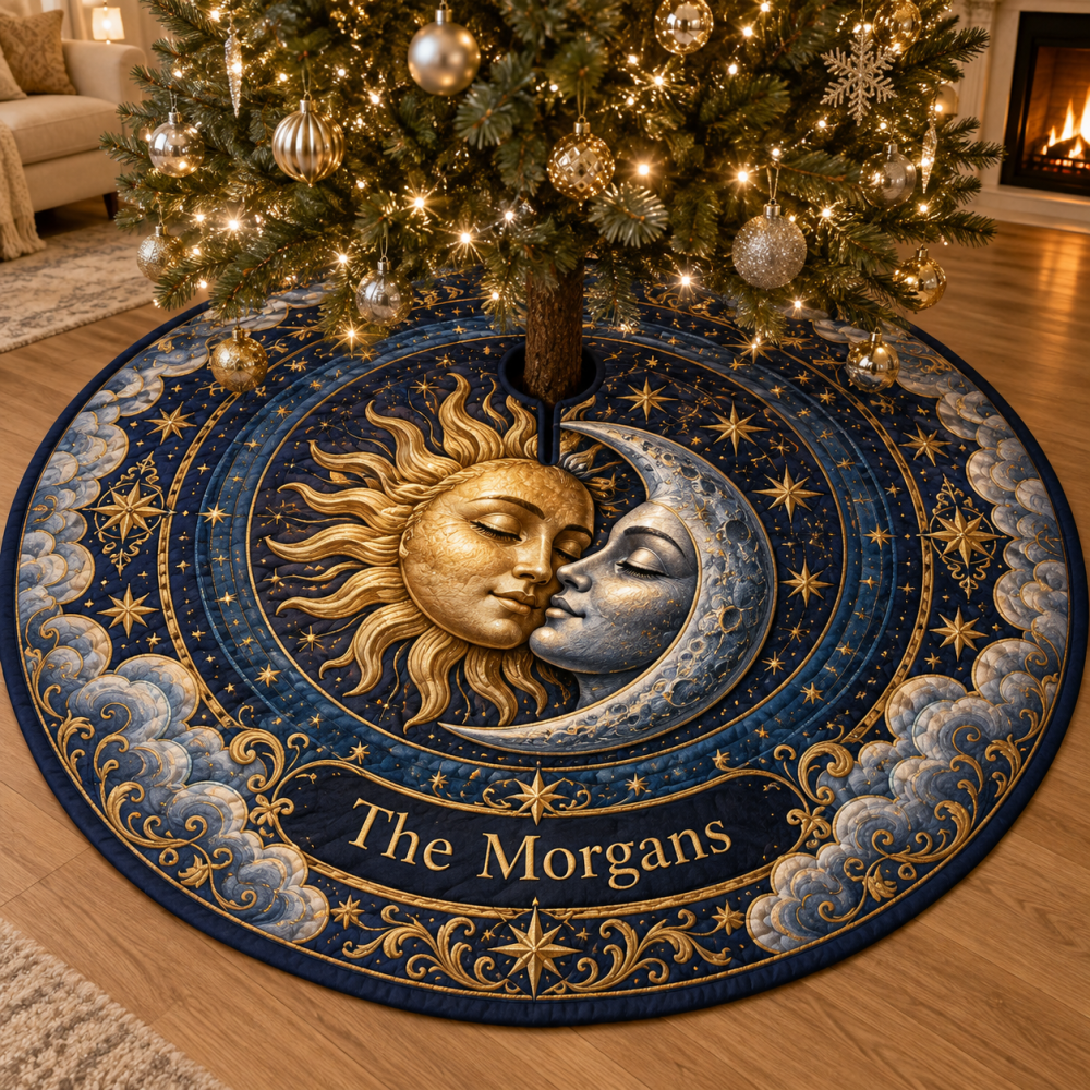 Customizable Sun & Moon Holiday Tree Skirt — Personalized Celestial Velvet Christmas Skirt With Monogram Option For Memorable Gifts