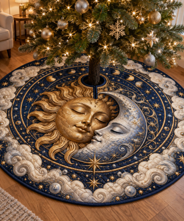 Sleeping Sun & Moon Holiday Tree Skirt — Dreamy Celestial Velvet Christmas Skirt With Soft, Serene Motif For Calming Seasonal Decor