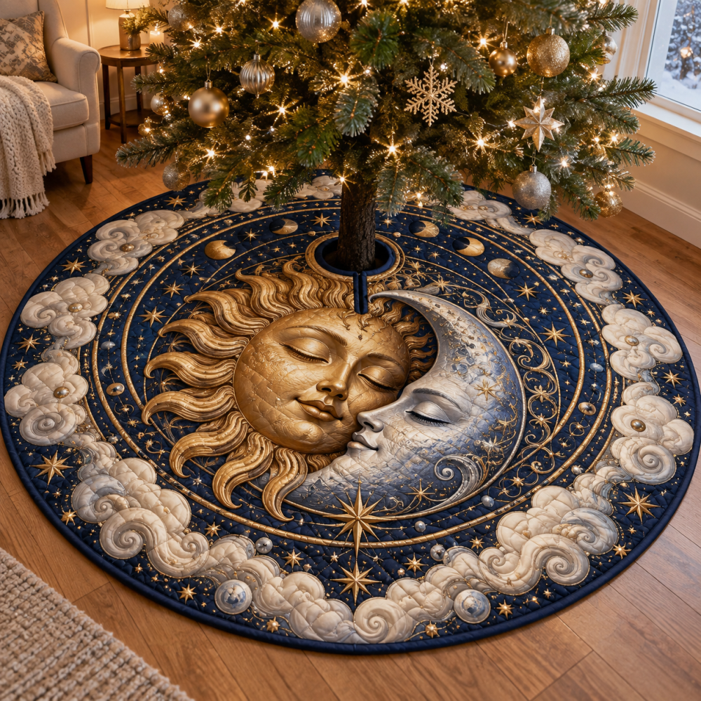 Sleeping Sun & Moon Holiday Tree Skirt — Dreamy Celestial Velvet Christmas Skirt With Soft, Serene Motif For Calming Seasonal Decor