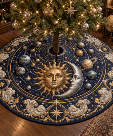 Orbital Planets Sun & Moon Holiday Tree Skirt — Playful Celestial Velvet Skirt With Planetary Motifs For Festive, Themed Decor