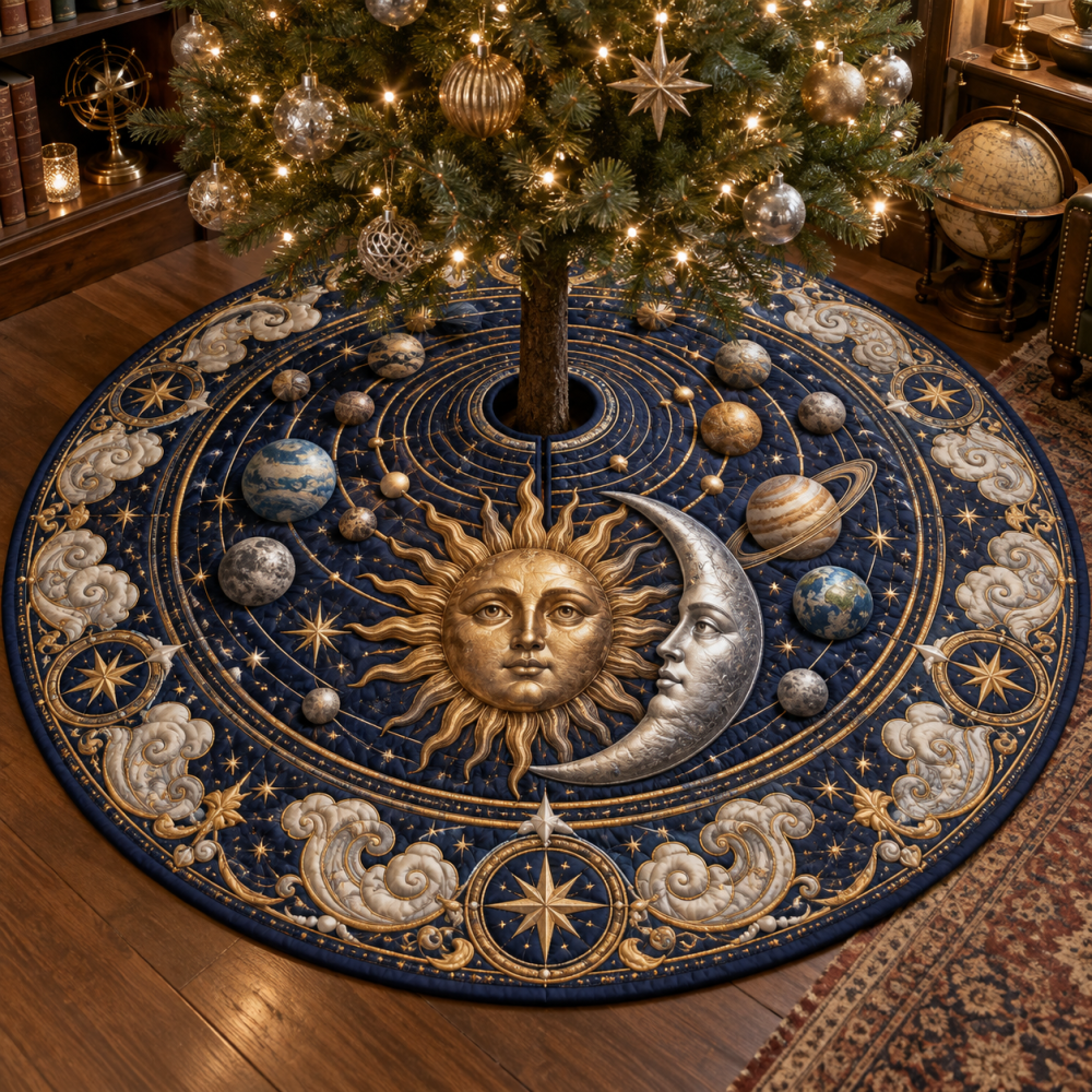 Orbital Planets Sun & Moon Holiday Tree Skirt — Playful Celestial Velvet Skirt With Planetary Motifs For Festive, Themed Decor