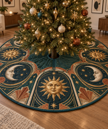 Gallery Arches Sun & Moon Holiday Tree Skirt — Architectural Celestial Velvet Skirt For Stylish, Curated Christmas Displays