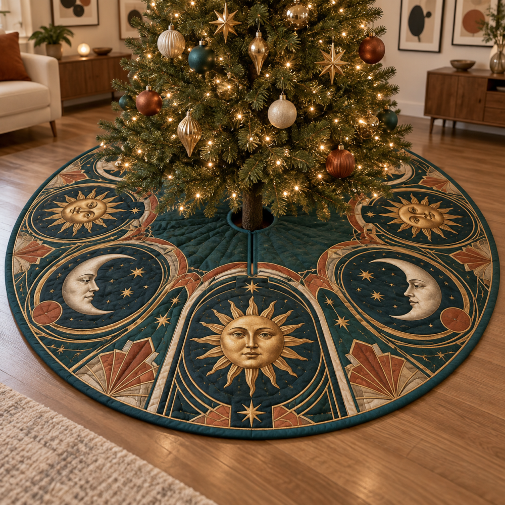 Gallery Arches Sun & Moon Holiday Tree Skirt — Architectural Celestial Velvet Skirt For Stylish, Curated Christmas Displays