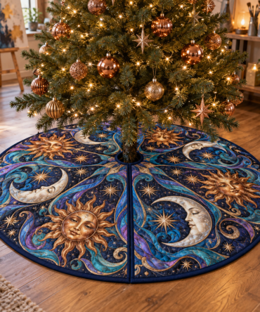 Studio Swirls Sun & Moon Holiday Tree Skirt — Contemporary Celestial Velvet Skirt With Modern Swirl Motifs For Chic Christmas Styling