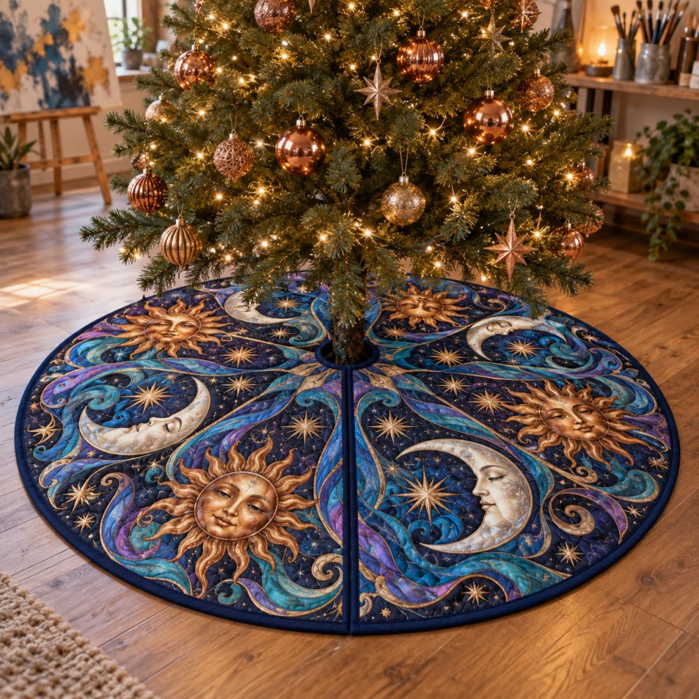 Studio Swirls Sun & Moon Holiday Tree Skirt — Contemporary Celestial Velvet Skirt With Modern Swirl Motifs For Chic Christmas Styling