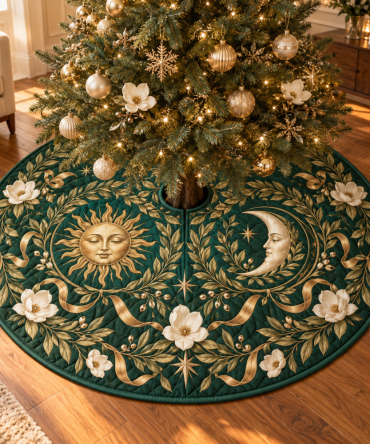 Magnolia Sun & Moon Holiday Tree Skirt — Elegant Laurel And Celestial Motif Velvet Christmas Skirt For Refined Festive Decor