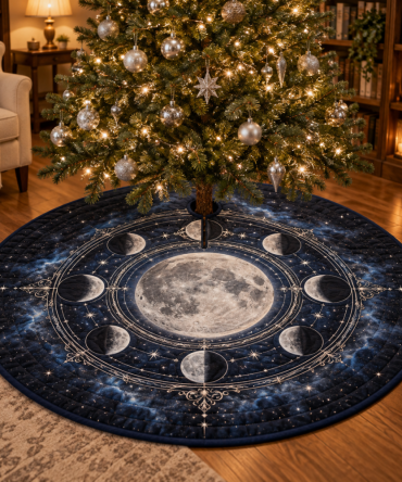 Library Moon Phase Holiday Tree Skirt — Vintage-Inspired Celestial Velvet Skirt For Cozy, Booklover Christmas Decor