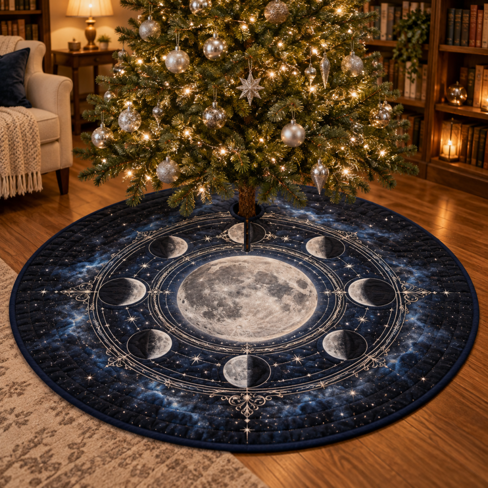 Library Moon Phase Holiday Tree Skirt — Vintage-Inspired Celestial Velvet Skirt For Cozy, Booklover Christmas Decor