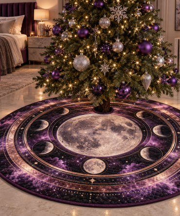 Violet Eclipse Moon Holiday Tree Skirt — Dramatic Velvet Christmas Skirt With Celestial Embroidery For Stylish Seasonal Decor