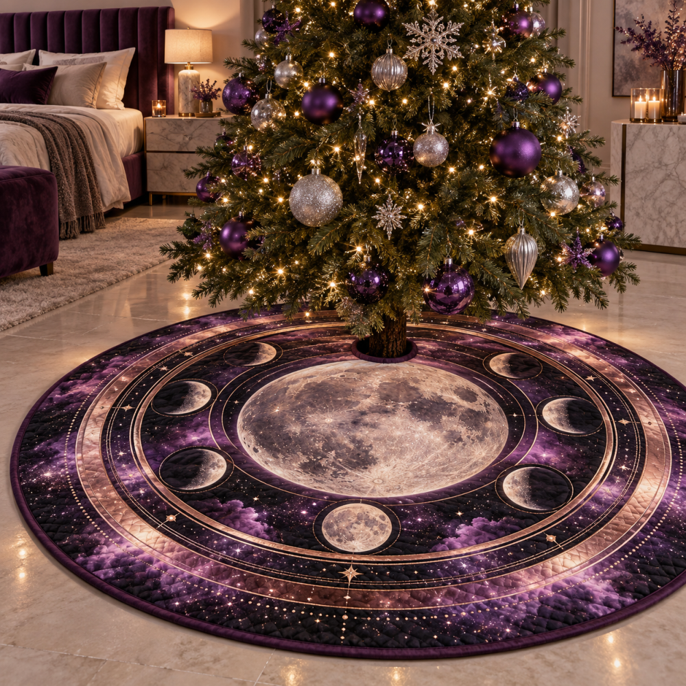 Violet Eclipse Moon Holiday Tree Skirt — Dramatic Velvet Christmas Skirt With Celestial Embroidery For Stylish Seasonal Decor