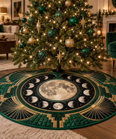 Emerald Moon Phase Holiday Tree Skirt — Luxe Art Deco-Inspired Velvet Christmas Skirt For Glamorous Seasonal Styling