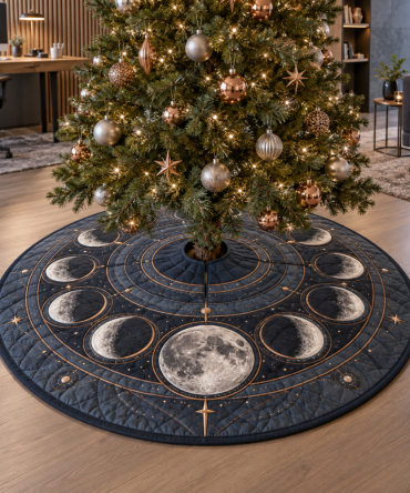 Slate Moon-Phase Holiday Tree Skirt — Observatory-Inspired Velvet Christmas Tree Skirt For Luxe Celestial Home Decor